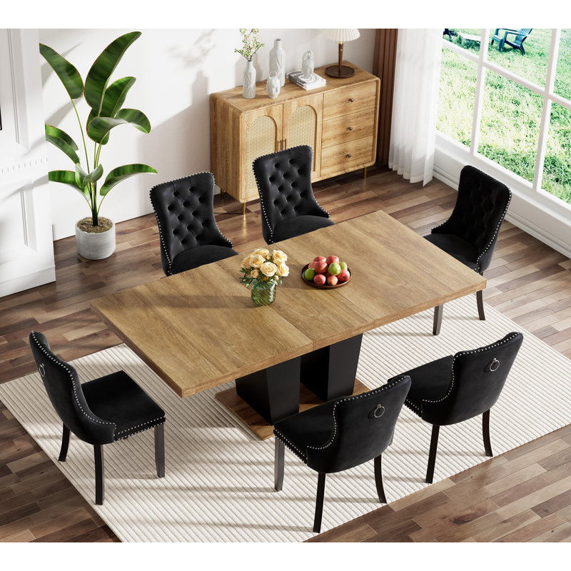 62.99" -78.74" Extendable Dining Table Set, Black&Brown Dining Room Table & Velvet Dining Chairs with Wood Leg, Rustic Kitchen Dining Table and Chairs Set, Modern Dining Table Set