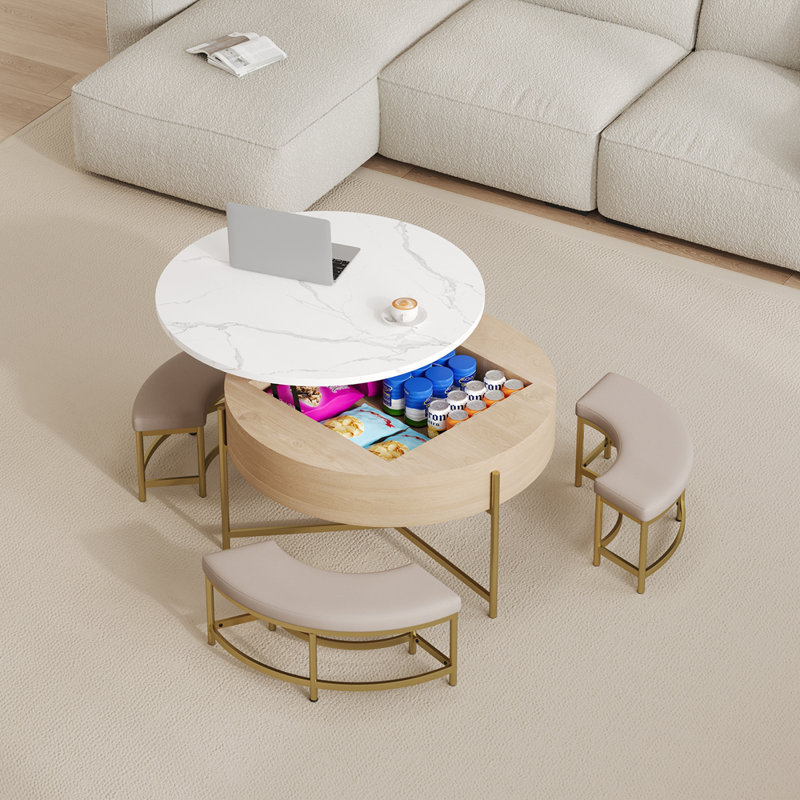 Table basse à plateau relevable moderne avec rangement et 3 repose-pieds blanc et naturel, Naturel