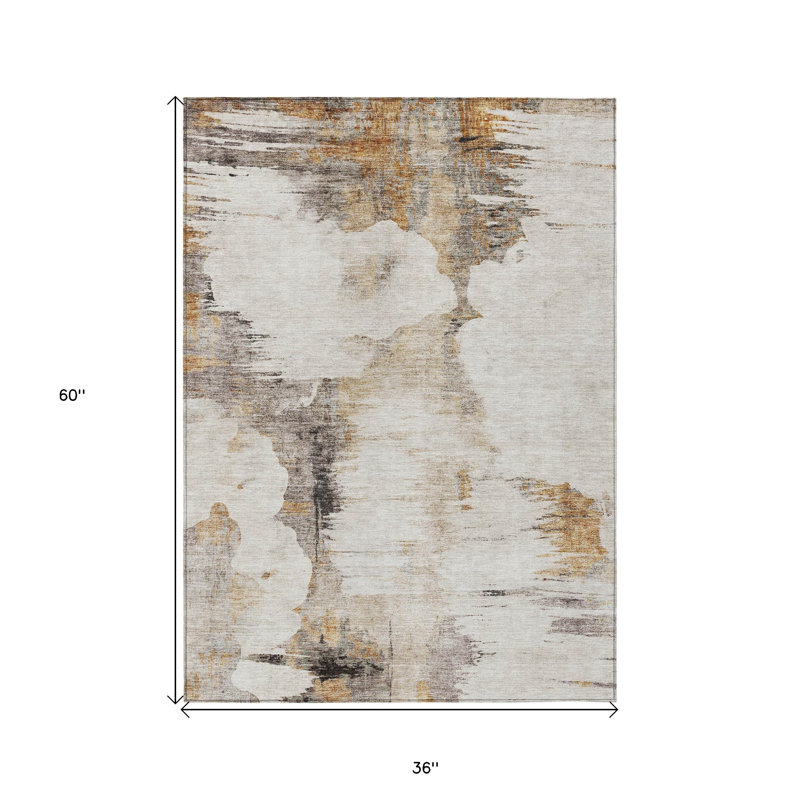 3' X 5' Beige Ivory And Taupe Abstract Washable Indoor Outdoor Area Rug