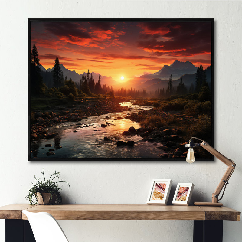 «Sunrise Morning At The River - Sunrise & Sunset», art mural, H 24 po x l 32 po x P 1 po, Cadre flottant noir