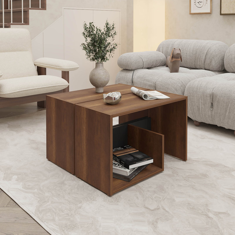 Table basse Alpine avec rangement ouvert, noyer et noir