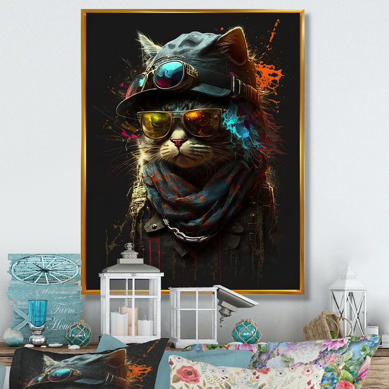 Art mural sur toile Cool Cat avec lunettes de soleil et chapeau IV, H 32 po x l 24 po x P 1 po, Toile avec cadre flottant or