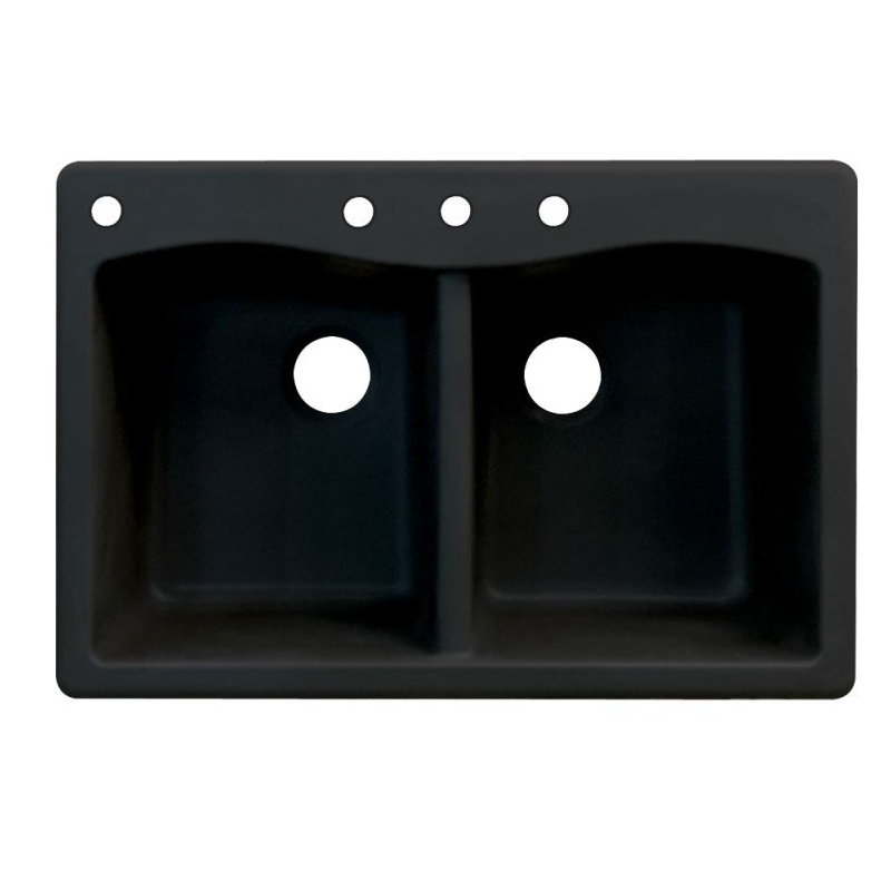 Aversa 33'' L Drop-In Double Bowl Granite Kitchen Sink, Black, 4 hole