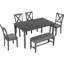 Table de salle à manger rectangulaire 6 places, table en bois, 4 chaises et banc, pour table familiale