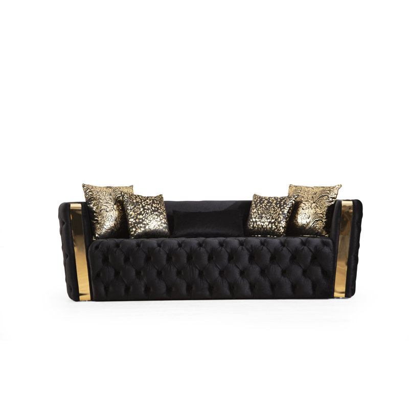 Causeuse capitonnée à boutons avec tissu velours et détails dorés noirs, Noir, H 30 po x l 64 po x P 32 po