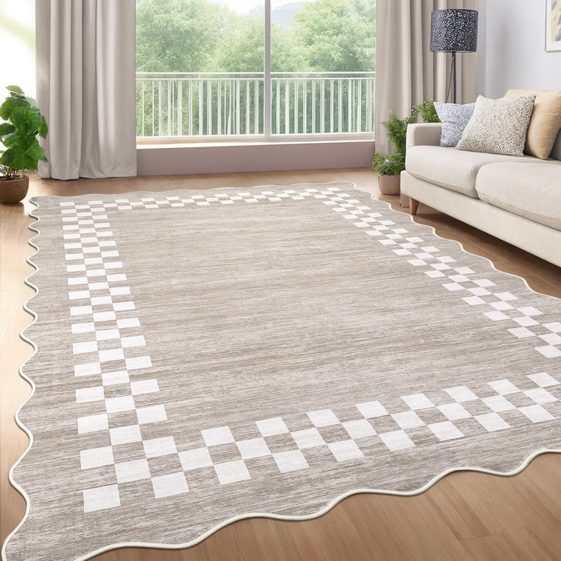 Scalloped Area Rugs Modern Bordered Accent Carpet,Non-Slip Floor Cover,Stain-Resistant Indoor Mat for Bedroom,Kitchen,Living Room