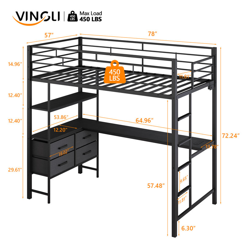 Black Full Metal Loft Bed Frame With L-Shaped Desk, 2 Charging Stations, Storage Shelves, 4 Drawers, LED Lights, Black