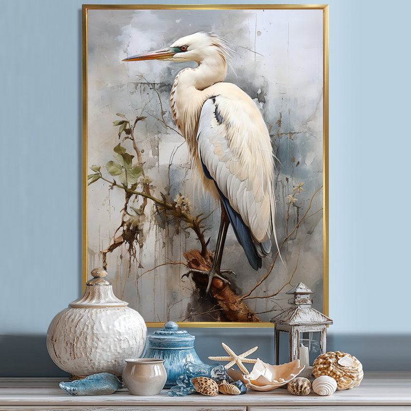 Décoration murale majestueuse héron bleu - héron, Cadre flottant doré, H 32 po x l 24 po x P 1 po