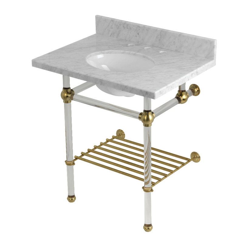 Kingston Brass Templeton 30-Inch Carrara Marble Console Sink with Acrylic Legs and Shelf (8-Inch, 3-Hole)