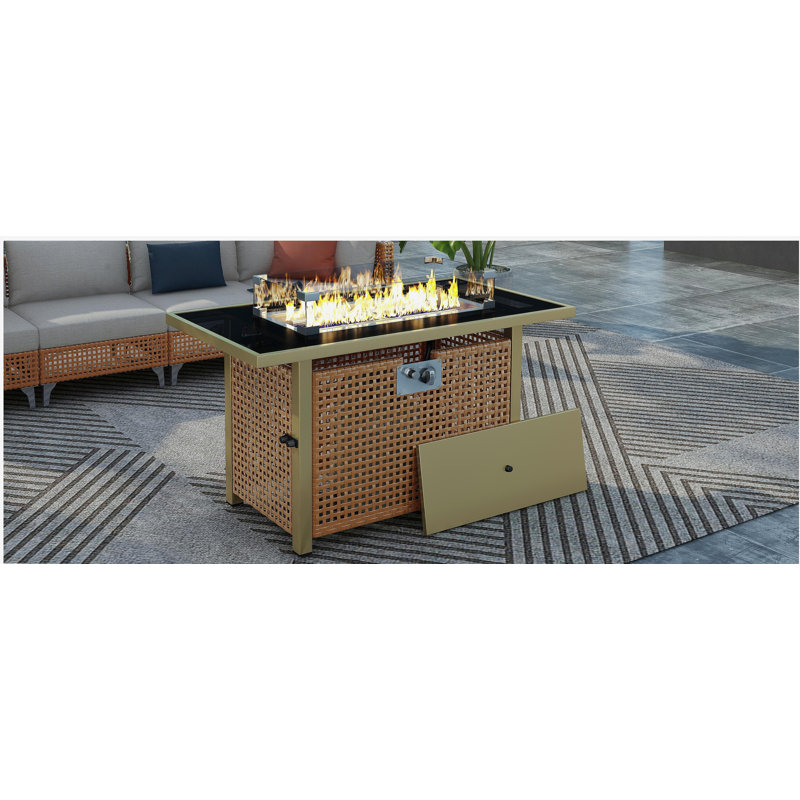 43" Propane Gas Fire Pit Table, 60,000 BTU Rectangular Open Weave Wicker Fire Pit with Glass Windscreen, Suitable for Outdoor Patio, Balcony, Garden, and Backyard