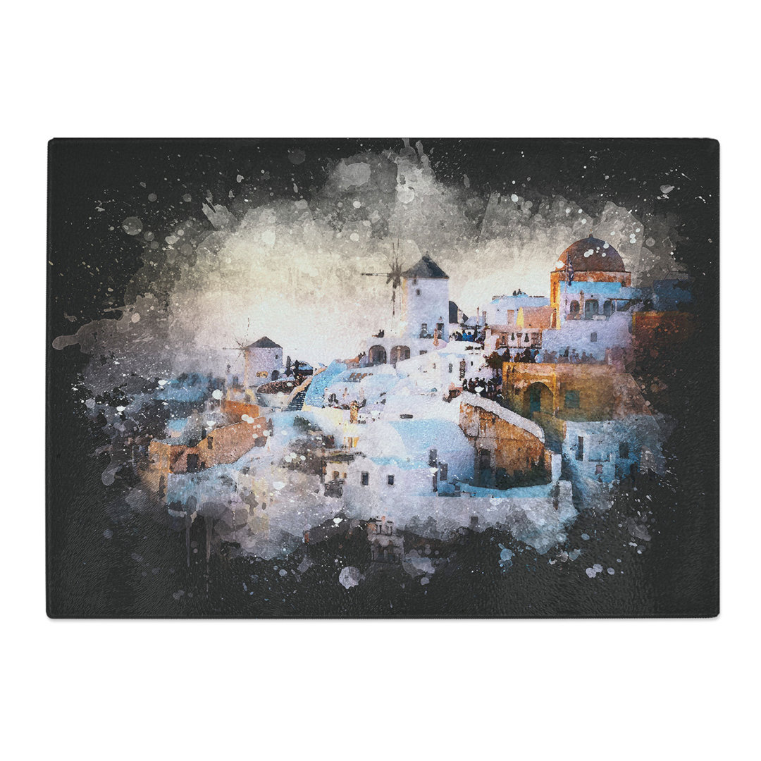 Tempered Glass Oia Santorini Skyline in Greece Chopping Board
