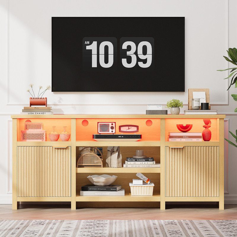 Highboy TV Stand, LED TV Stand For 80-Inch Tvs, Media Console Entertainment Center With Storage For Living Room, Oak