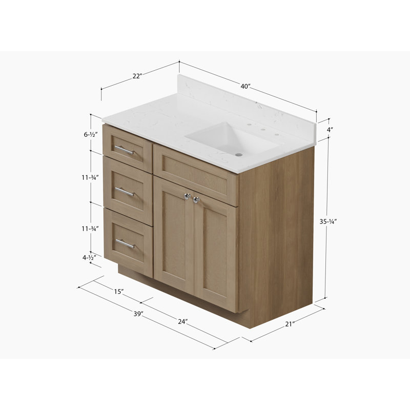Disar 40'' Single Bathroom Vanity with Quartz Top, Right, Natural Oak