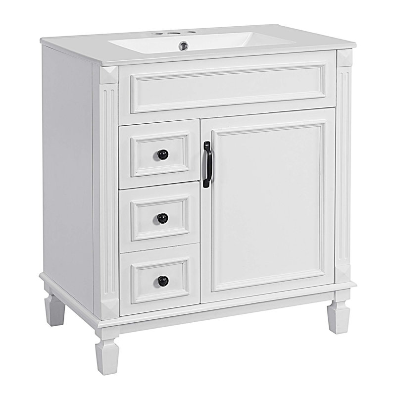 30" Bathroom Vanity with Ceramic Sink, Bathroom Cabinet with 2 Drawers, White