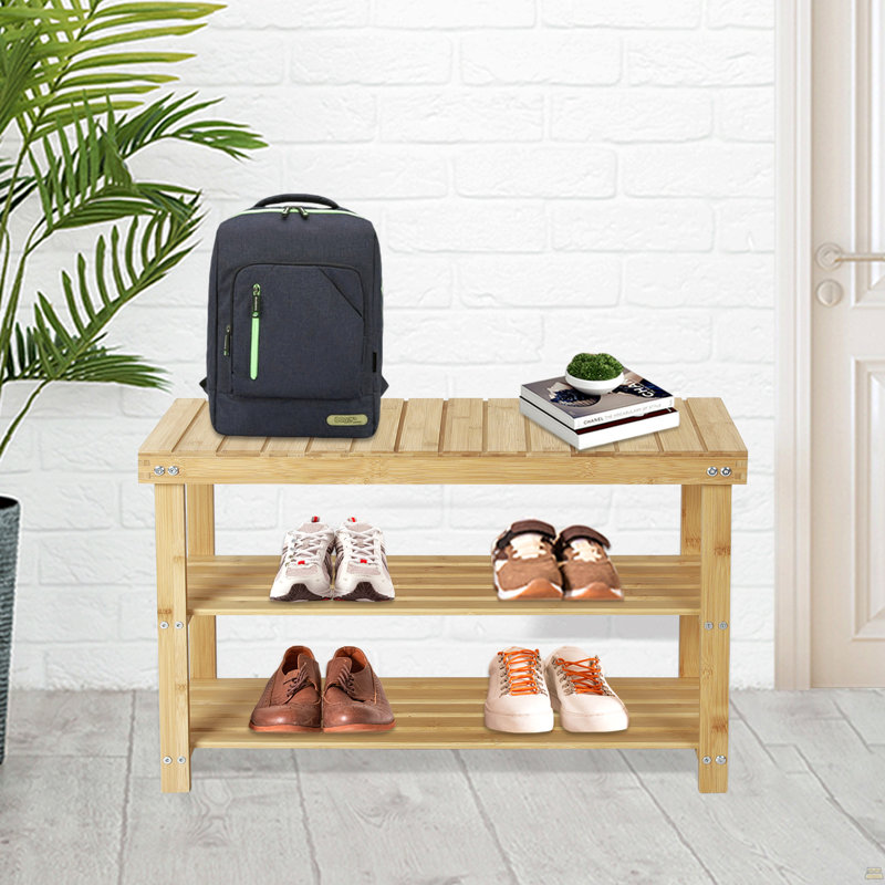 27.5" Shoe Rack Solid Wood Shoe Bench, 3-Tier Shoe Organizer