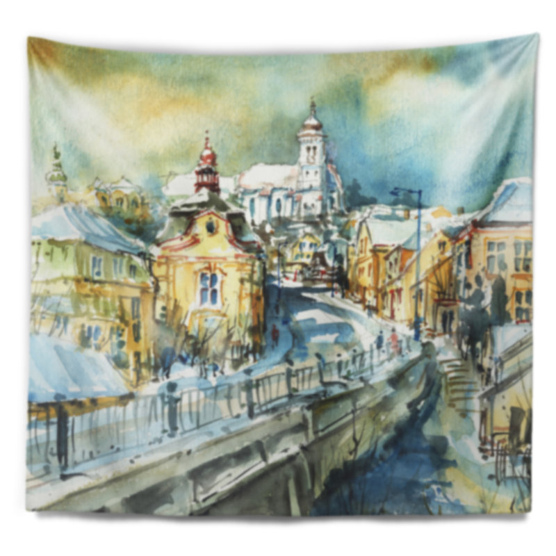 Tapisserie aquarelle paysage urbain, H 50 po x l 60 po