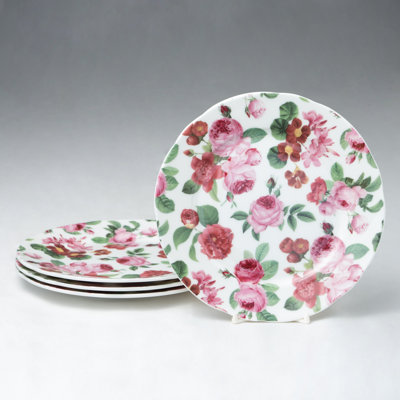 Assiettes à salade/dessert en porcelaine fine à décor romantique de roses, ensemble de 4