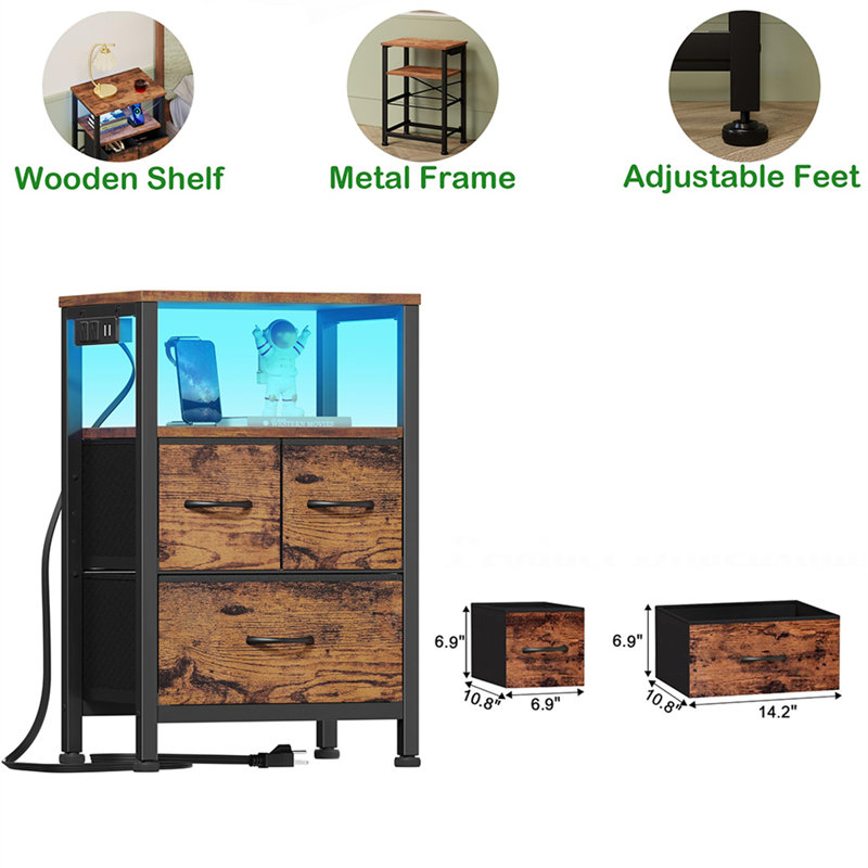 Multifunctional Bedside Table With Charging Station, LED Lights & Storage, Brown