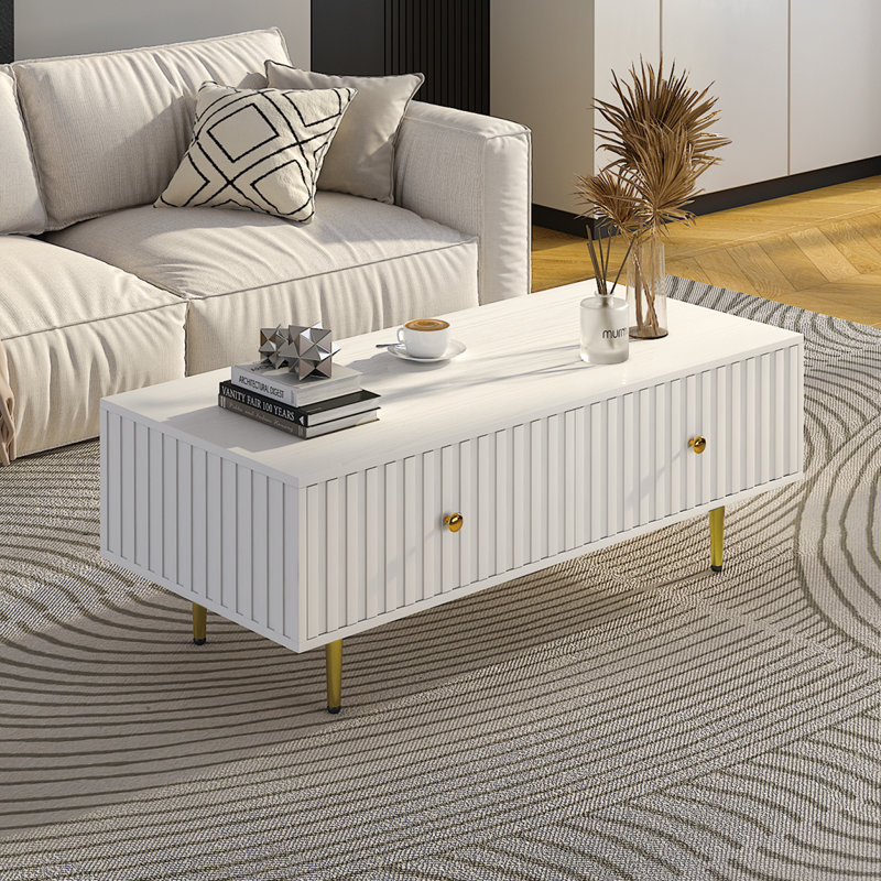 Modern Rectangle Coffee Table with 2 Large Drawers  for Living Room and Small Spaces, White