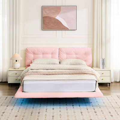 Pink Pu Leather Bed Frame With Led Lights, Queen Size, Floating Design, Reading Comfort Size Pink, Button - , Stable Support