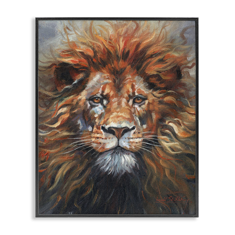 Visage de lion, estampe numérique, conception de David Stribble, H 14 po x l 11 po, Giclée encadrée noir minuit