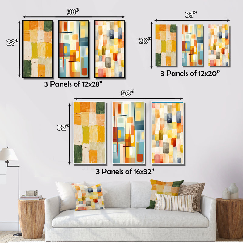 «Retro Cubist Abstract Composition I», ensemble de 3 reproductions, H 32 po x l 48 po, Cadre flottant doré