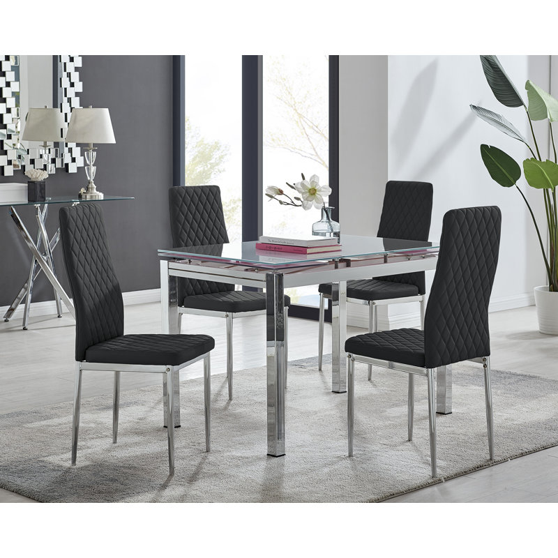 Tierra Modern Glass & Metal Extendable Dining Table Set & 4 Luxury Faux Leather Dining Chairs, Black/Silver