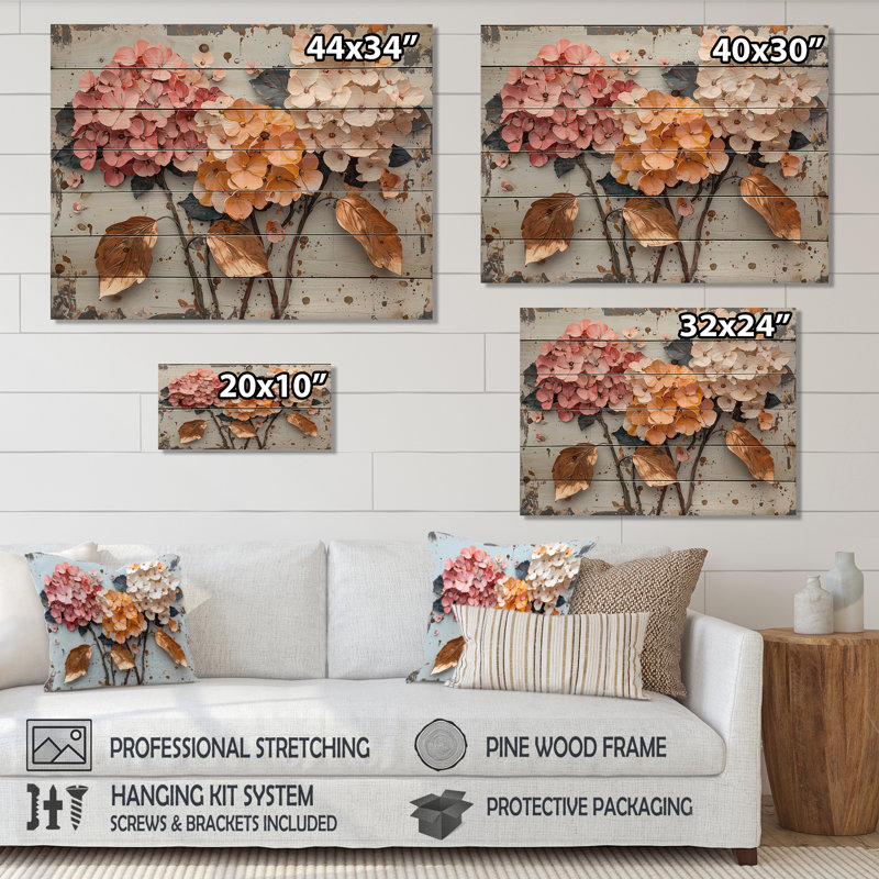 Jardin vibrant d'hortensias I - Art mural en bois d'hortensias - sur bois de pin naturel, H 24 po x l 32 po