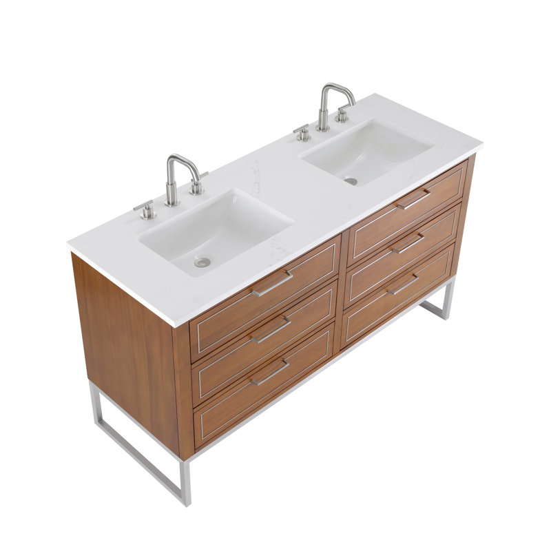Markham 60'' W Double Vanity, Universal Calacatta Quartz, Brushed Nickel, Walnut