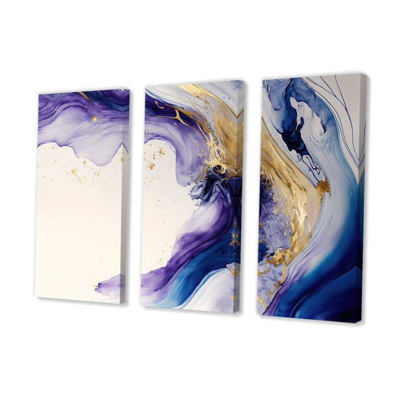 Bleu, or et mauve Splash Paint I - ensemble d'art mural moderne sur toile, H 28 po x l 36 po x P 1 po, Toile tendue