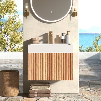 Meuble-lavabo suspendu moderne de 61 cm (24 po) avec lavabo simple, grain de bois vertical, chêne naturel
