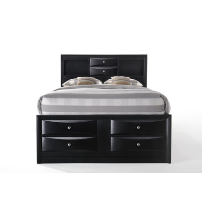 Queen Size Black Bed With 8 - Drawer Storage, Bookcase Headboard, Wood Veneer (), 660lbs Capacity Finish And Drawers In Headboard , 5 Platform Board Panels