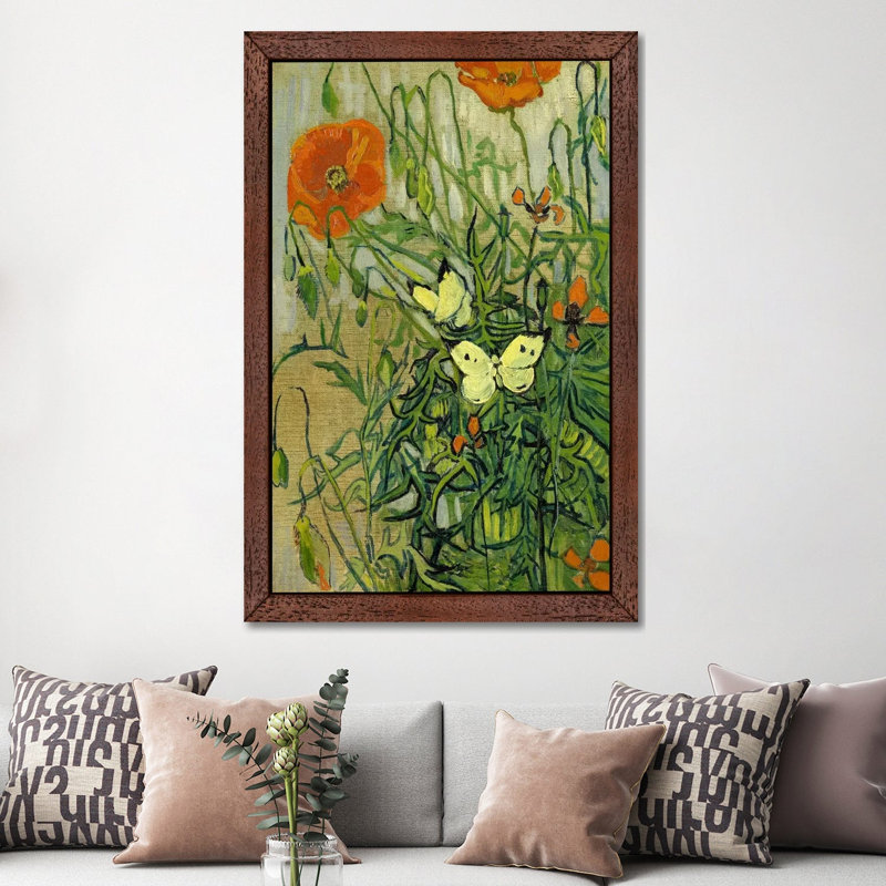 Butterflies And Poppies by Vincent Van Gogh - Floater Frame Painting on Canvas, 66.04 cm H x 45.72 cm W, Brown