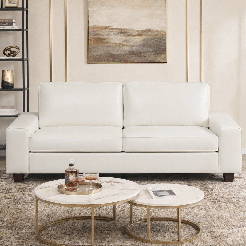 Gilmar 89" Upholstered Vegan Leather Sofa with Square Arms and Storage Pockets, White