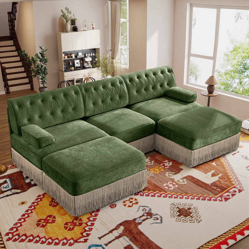 106-Inch 3-Seater Velvet Upholstered Sofa With Ottoman, Suitable For Living Rooms, Conference Rooms, And Bedrooms., Green