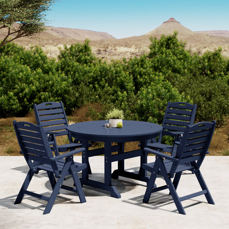Laguna 5-Piece Round Table Folding Highback Chair Dining Set, Navy Blue