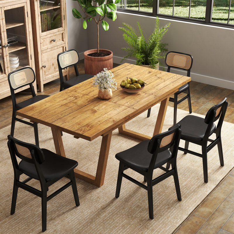 Farmhouse Dining Table Set, Solid Wood Extendable Dining Table And Rattan Back Dining Chair For Dining Room/Kitchen/Living Room