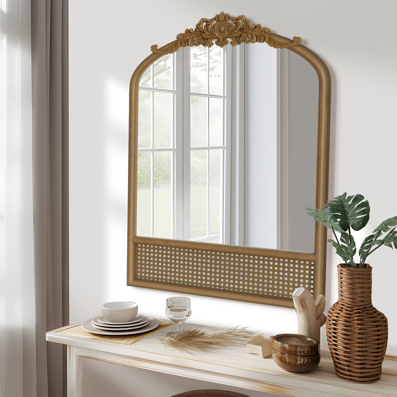 Cortia Arched Rattan and Wood Accent Mirror, 36" x 24"