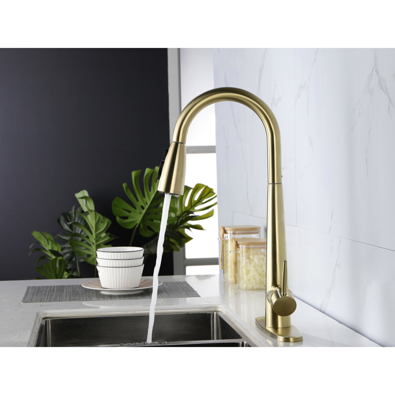 Robinet de cuisine doré avec fonction rétractable - empreinte digitale, trou unique fixé au comptoir, jet d'eau rotatif à 360 °, jet en acier inoxydable de qualité supérieure avec buse de refoulement pivotante Golden Shade,