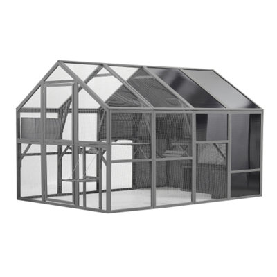 PawHut Grey Luxury Outdoor Wooden Catio Enclosure - Large Cat Run House for Multiple Pets with Bouncy Bridge, Platforms, Small Houses & Sunshine Panel (108.7'')