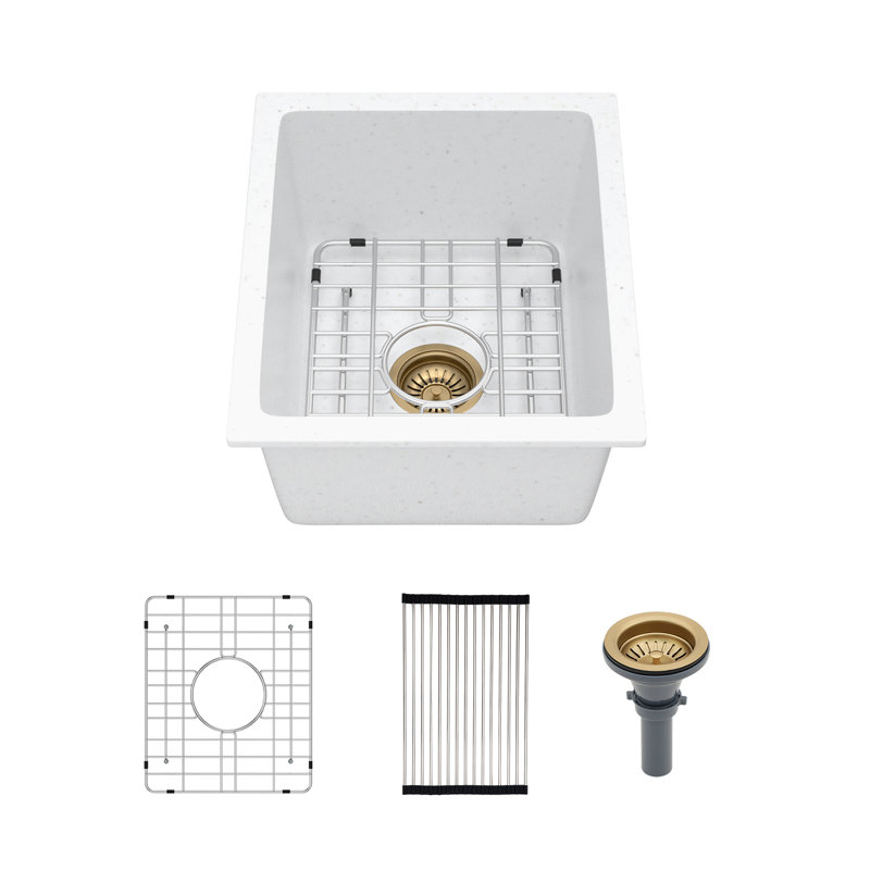 Évier de cuisine encastré en granite composite à simple cuve en quartz de 15 po x l 18 po, Blanc