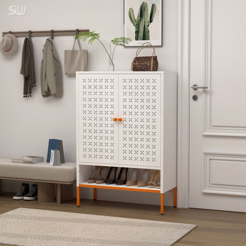Grid Double Door Shoe Cabinet With Three Adjustable Compartments, Suspended Hollow Changing Compartment, And 15Cm Moisture-Proof High Foot Design