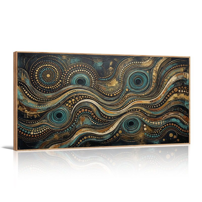Tableau sur toile à motifs abstraits à pois turquoise et or