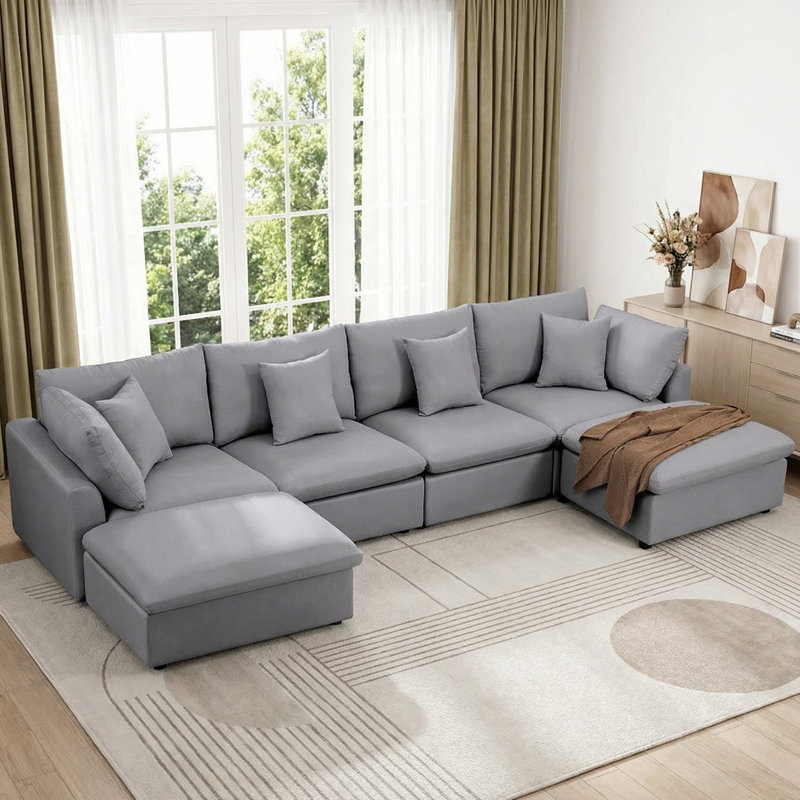 Canapé modulaire en coin en chenille de 6 pièces avec canapé et repose-pieds réversible 142,8 po 142,8 po, Gris chenille