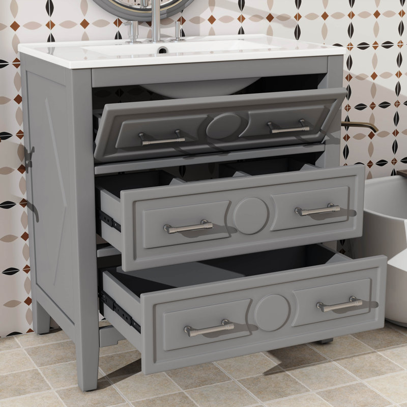 Ensemble de meuble-lavabo 30 po avec lavabo en céramique, unité simple autoportante avec 3 tiroirs, Gris