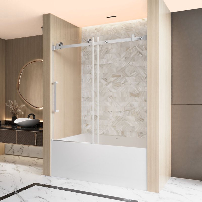 Porte de douche sans cadre 60x60in - 6mm en verre trempé, rail coulissant silencieux et poignée ergonomique, Nickel brossé