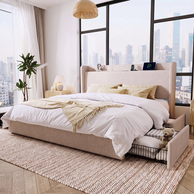 Modern Linen Upholstered Storage Bed Frame with 4 Drawers, Wingback Platform Bed with Charging Station and Storage Headboard, No Box Spring Needed