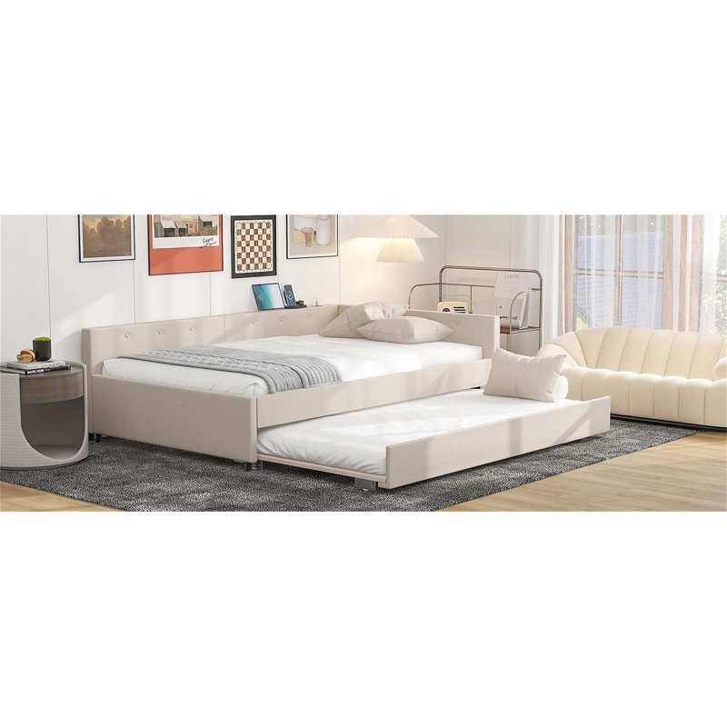 Lit plateforme tapissier double avec USB et lit gigogne simple, Full / Double