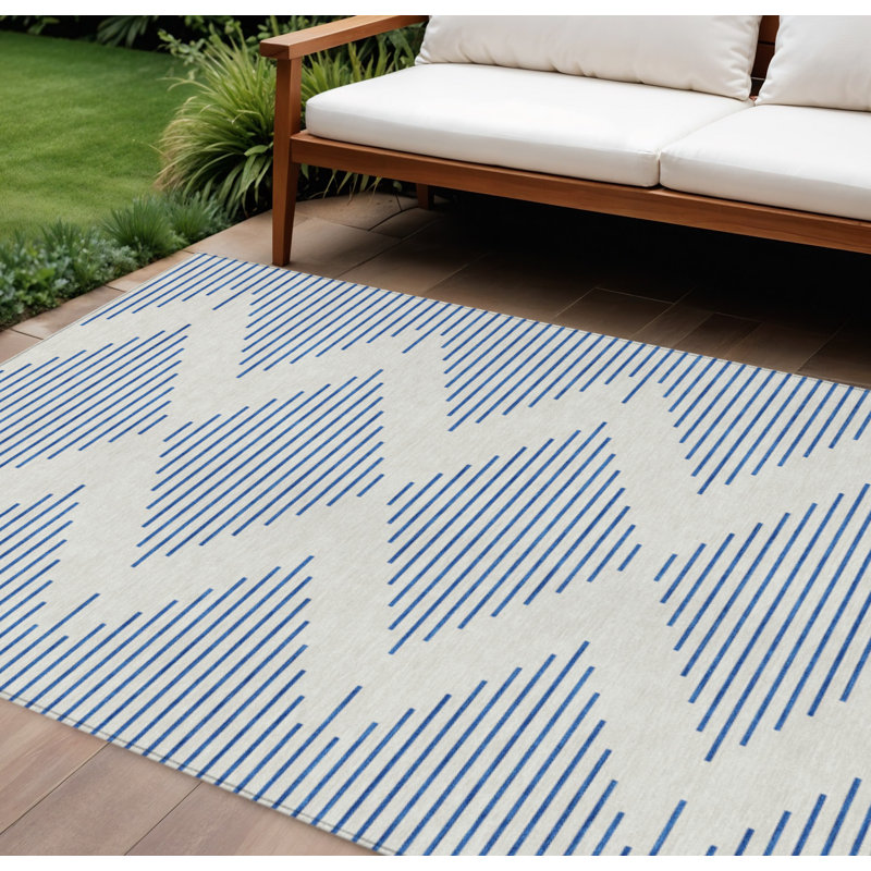 Tapis intérieur / extérieur géométrique lavable ivoire et bleu 9 pi x 12 pi