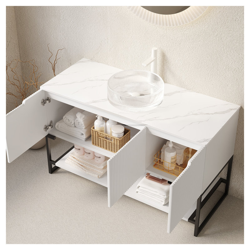 Meuble-lavabo sur pied TULIO de 48 po avec lavabo, armoire blanche avec comptoir en pierre frittée blanche de Carrare et lavabo rond en verre transparent, rangement avec 3 portes et tablette ouverte